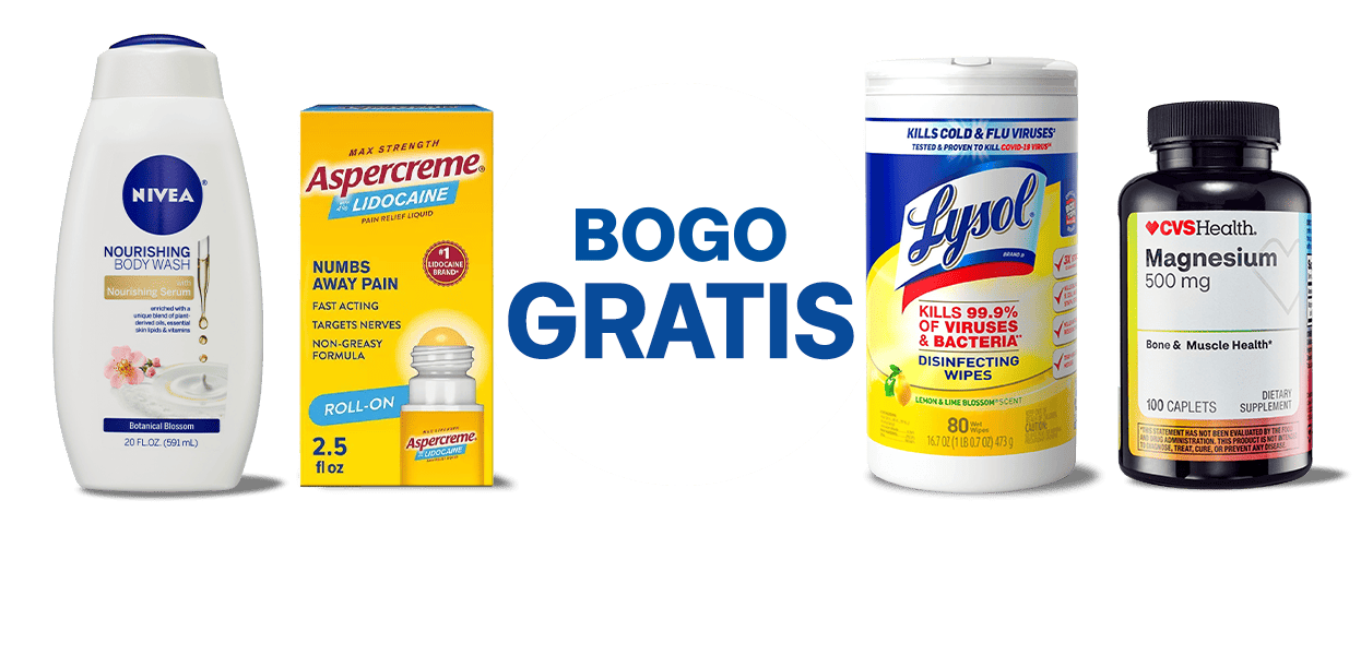 Oferta Bienvenido al bienestar. BOGO GRATIS. Productos Aspercreme, CVS Health, Lysol y Nivea.