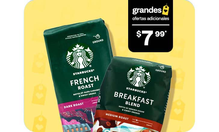 $7.99, café molido Starbucks French Roast y Breakfast Blend