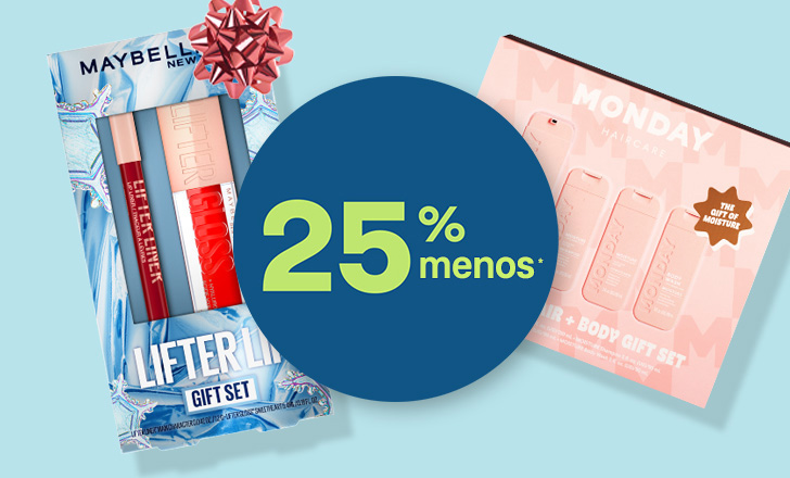 Veinticinco por ciento menos en el set de regalo Maybelline Lifter Lip y el set de regalo Monday Body