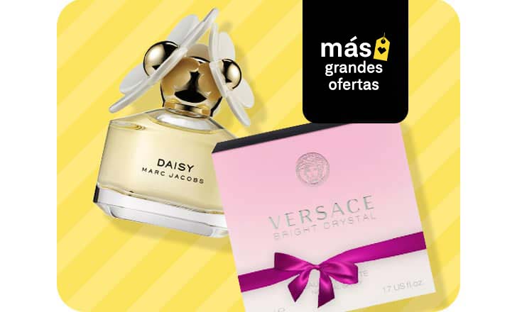 Un frasco de Daisy by Marc Jacobs y una caja de fragancias Versace Bright Crystal.