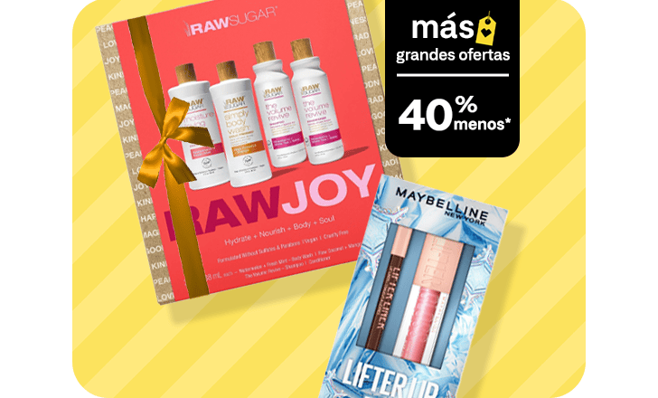 Cuarenta por ciento menos, set de regalo Raw Sugar Raw Joy, set de regalo Maybelline Lifter Lip