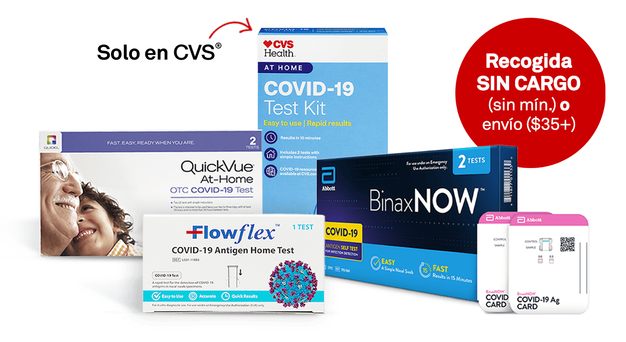 Recogida (sin mínimo de compra) o envío (compras de $35 o más) gratis en kits de prueba de COVID-19 para hacerse en casa Pilot, Flowflex, CVS Health y BinaxNOW.
