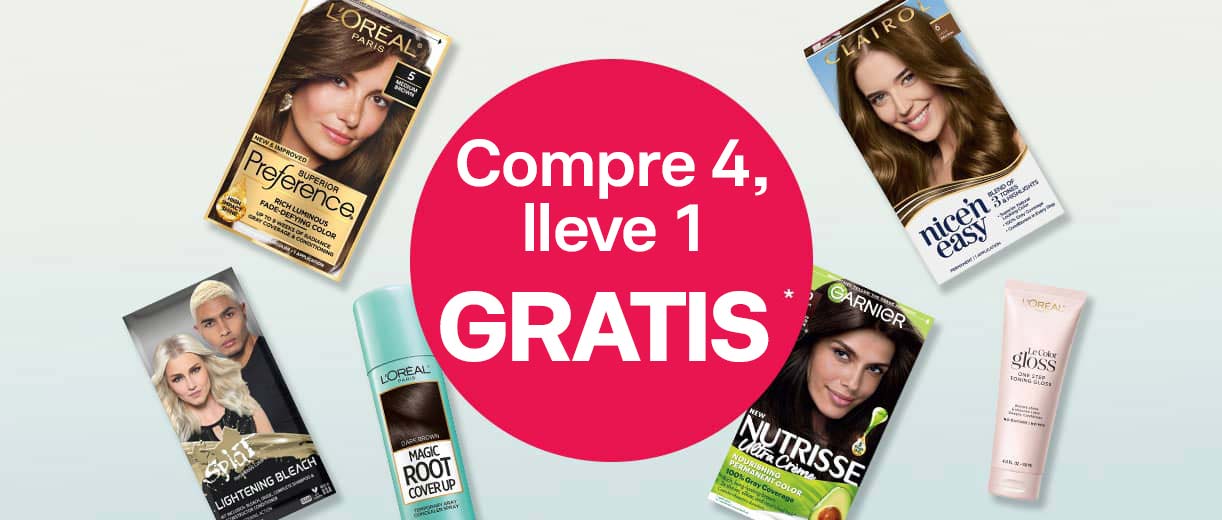 Compre 4, lleve 1 gratis*, productos de tinte para cabello L'Oréal Paris, Clairol, Garnier Nutrisse y Splat