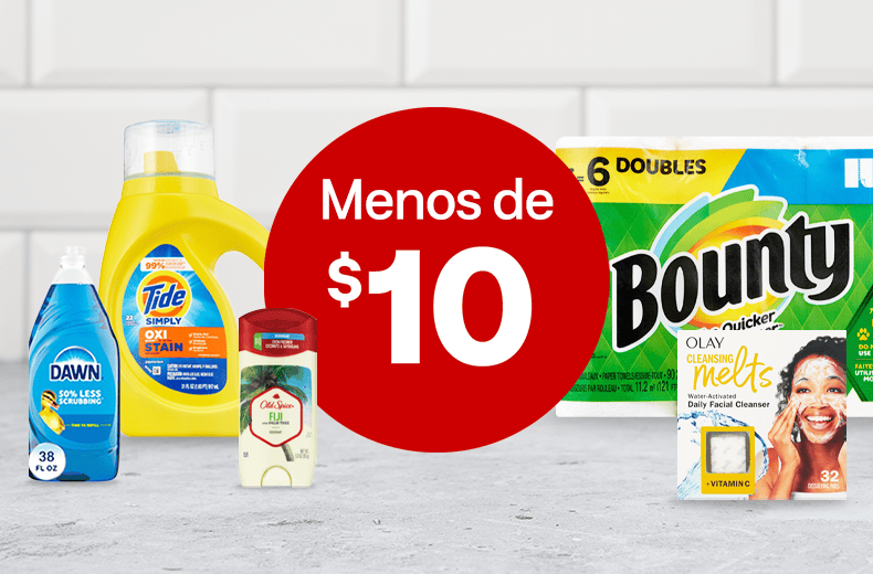 Ofertas por menos de $10, como detergente lavavajillas Dawn, detergente para lavandería Tide, desodorante Old Spice, toallas de papel Bounty y Olay Cleansing Melts