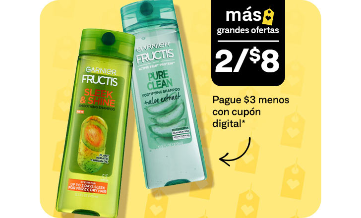 Dos por $8, pague $3 menos con cupón digital, frascos de champú y acondicionador Garnier Fructis.