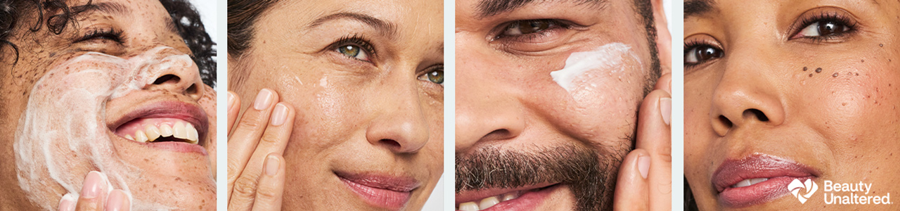 Beauty Unaltered. Closeups of women and men applying skin care products to their faces.
