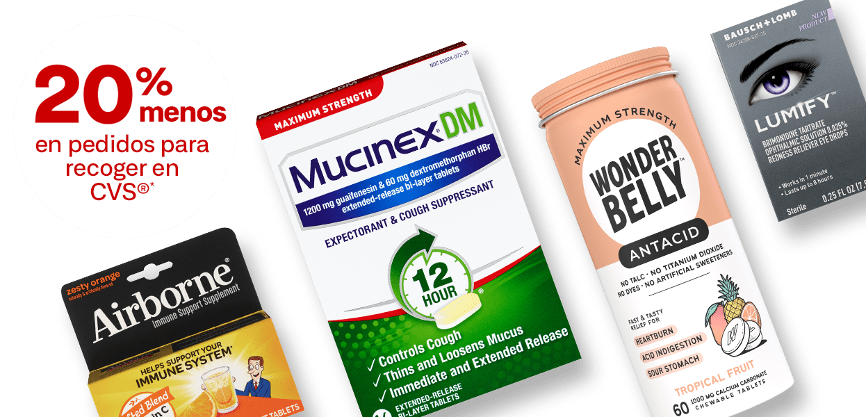 An assortment of products, including Airborne, Mucinex DM, Wonder Belly, and Lumify eye drops. 20% off CVS pickup orders.