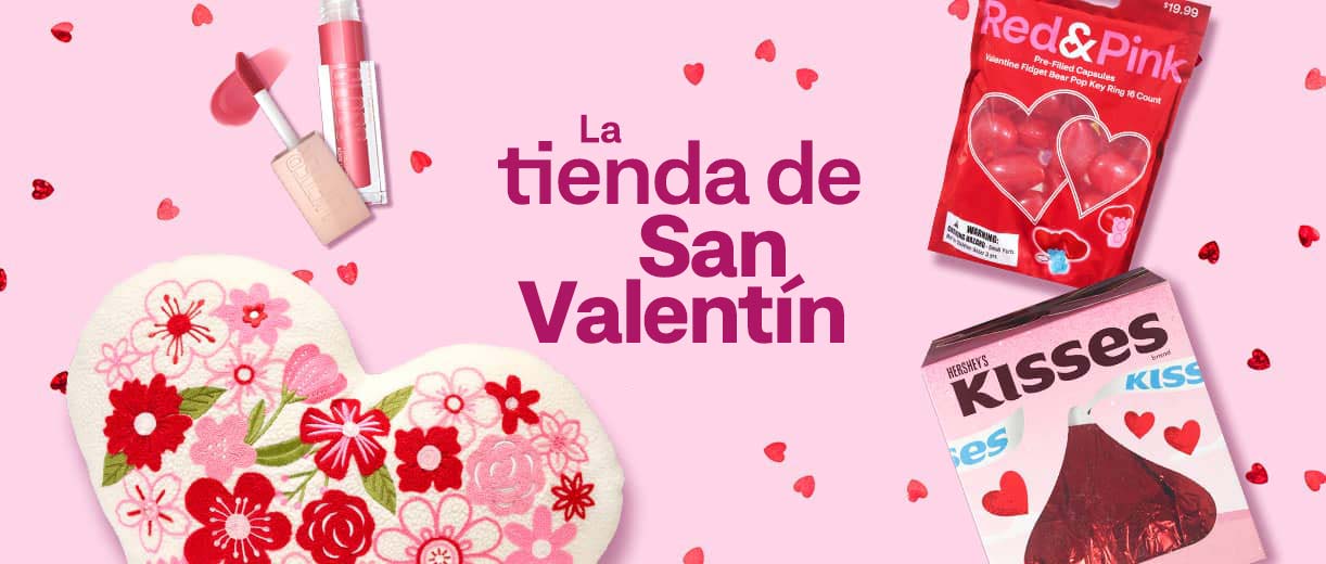 La tienda de San Valentín, un cojín bordado con forma de corazón, un lápiz labial, un paquete de dulces Red and Pink y una caja de dulces Hershey's Kisses.